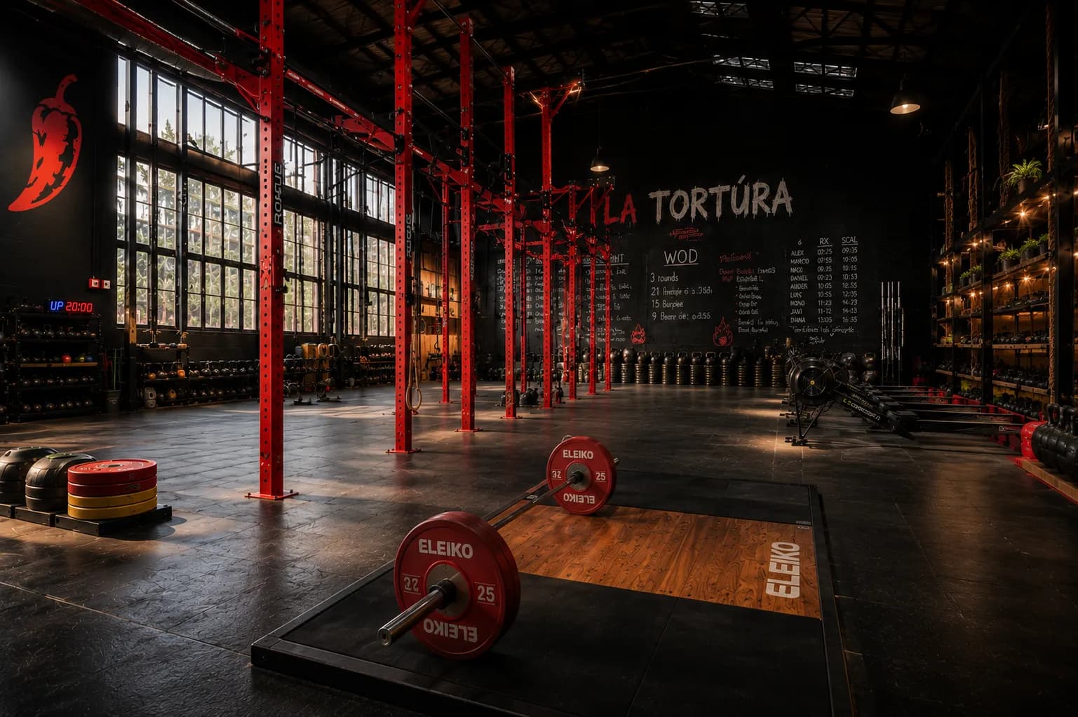 Le box La Tortúra : plateformes d'haltérophilie, rig rouge et barres Eleiko